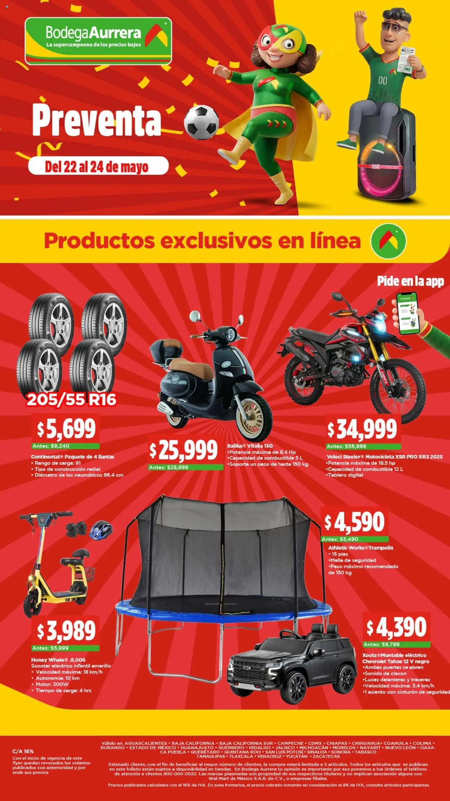 Nuevas ofertas de Bodega Aurrerá válidas en toda la República Mexicana desde el 22.05.2026. ¡Encuentra las mejores ofertas en Bodega Aurrerá folleto El precio más bajo de México! | Página: 22 | Productos: Cinturón, Trampolín, Neumáticos, Teléfono