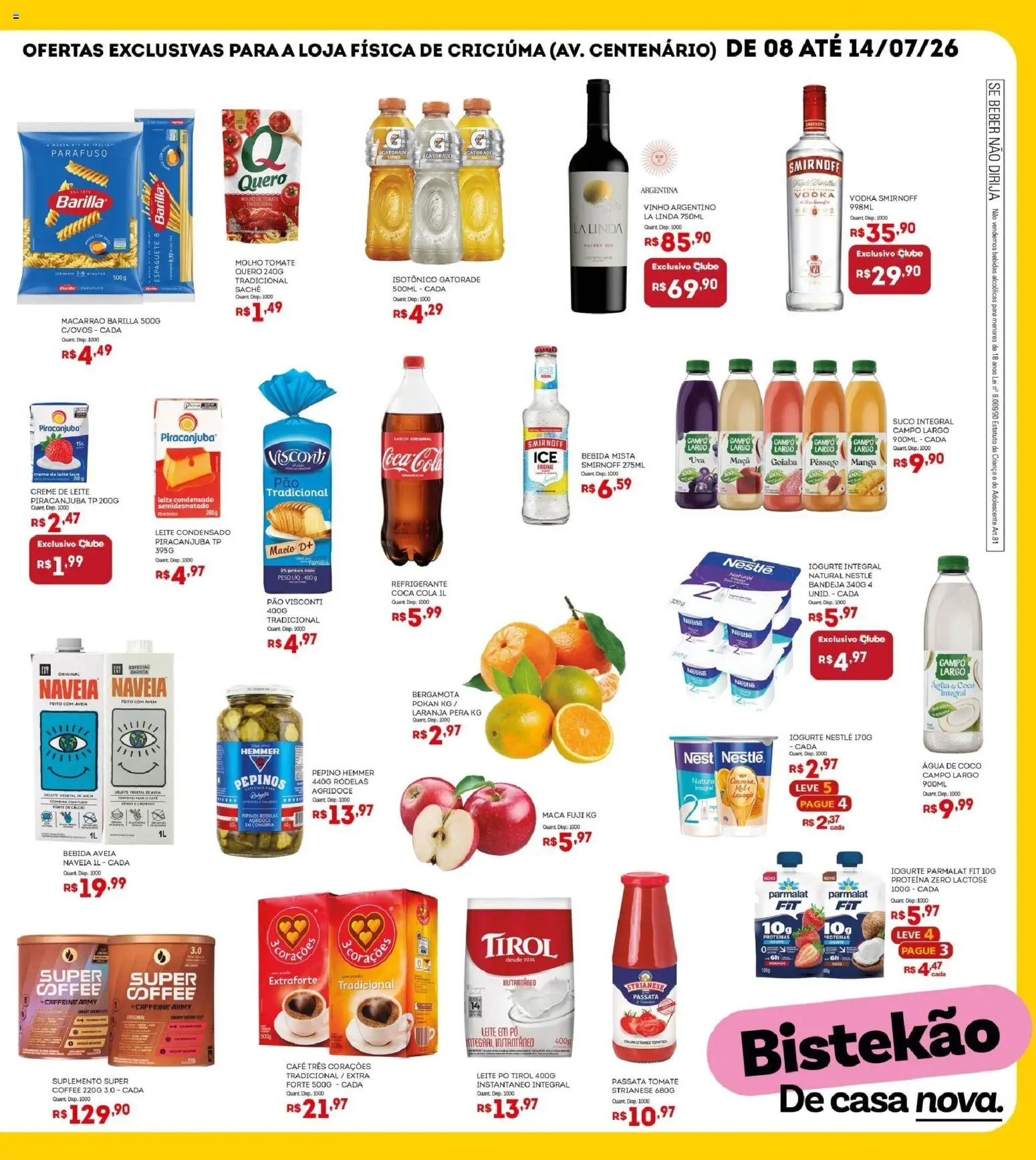 Bistek Supermercados Folheto - válido de 08/07/2026 | Página: 3 | Produtos: Espaguete, Água de coco, Pão, Leite em pó