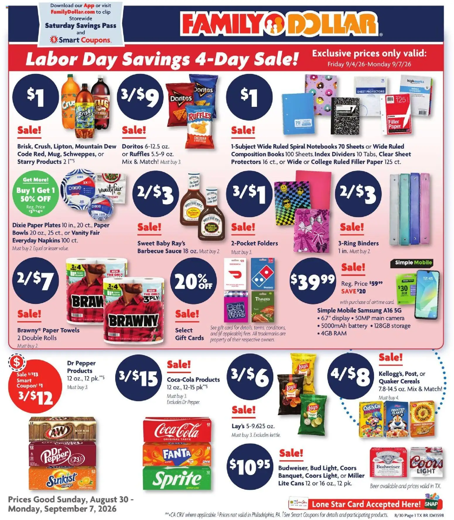 Family Dollar Weekly Ad - valid from 08/30/2026 | Page: 1 | Products: Notebooks, Barbecue sauce, Paper towels, Sheet