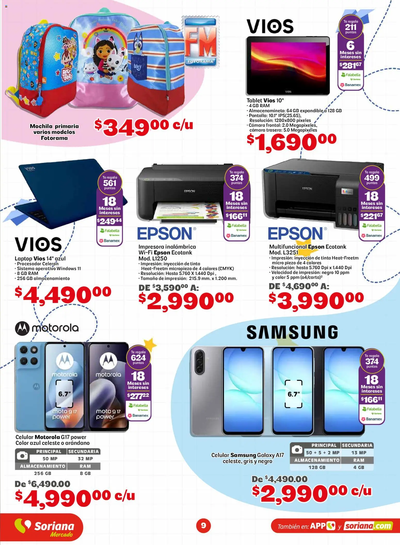 Nuevas ofertas de Soriana válidas en toda la República Mexicana desde el 13/08/2026. ¡Encuentra las mejores ofertas en Soriana Más útiles más ahorro Mercado Nacional! | Página: 9 | Productos: Mochila, Tablet, Cámara, Laptop