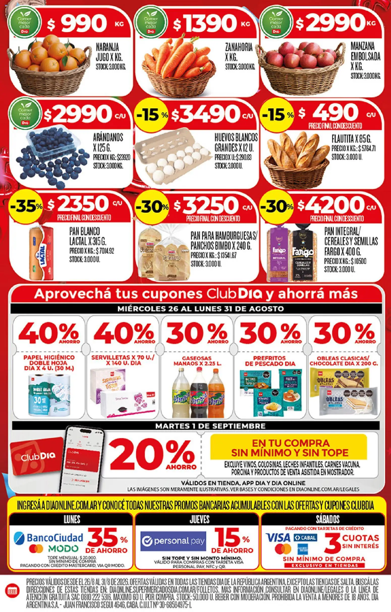Supermercado DIA Ofertas │ válido desde el 26/08/2026 | Página: 4 | Productos: Baguette, Servilletas, Chocolate, Jugo