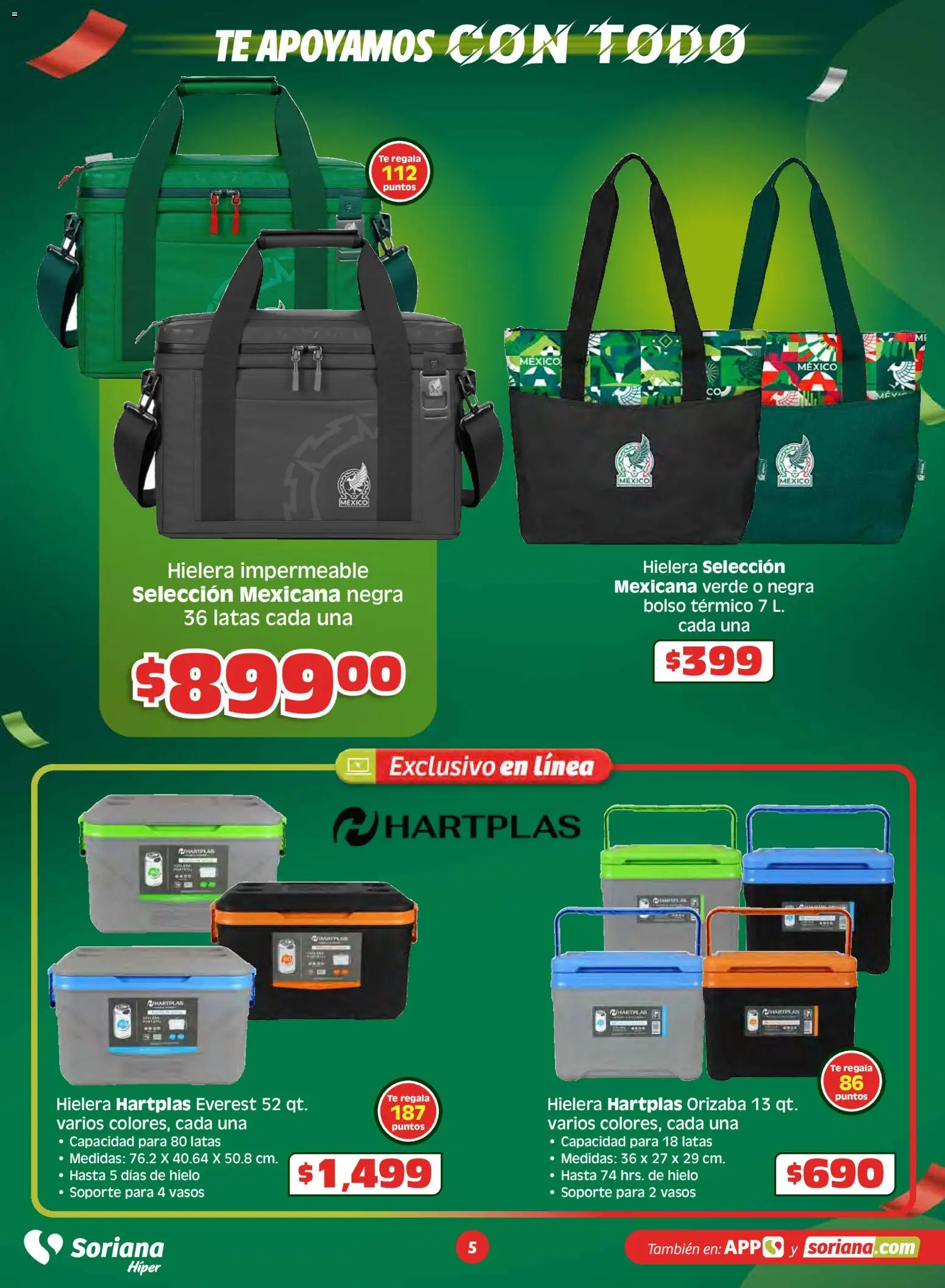 Nuevas ofertas de Soriana válidas en toda la República Mexicana desde el 14.05.2026. ¡Encuentra las mejores ofertas en Soriana En México apoyamos con todo Híper Nacional! | Página: 5 | Productos: Bolso, Hielera, Té, Vasos