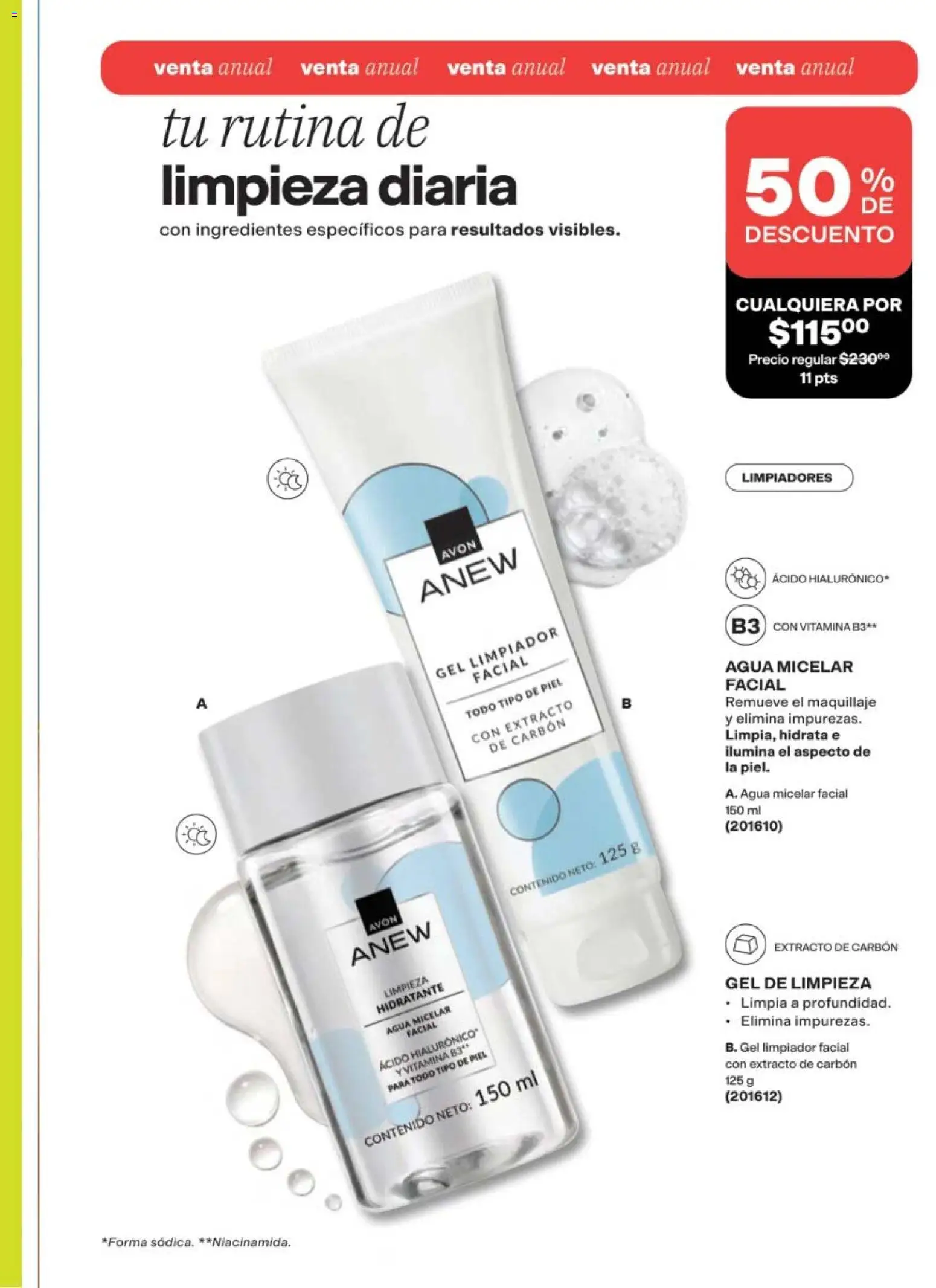 Nuevas ofertas de AVON válidas en toda la República Mexicana desde el 11/09/2026. ¡Encuentra las mejores ofertas en AVON campaña 14 2026! | Página: 105 | Productos: Agua, Limpiador, Ingredientes, Maquillaje