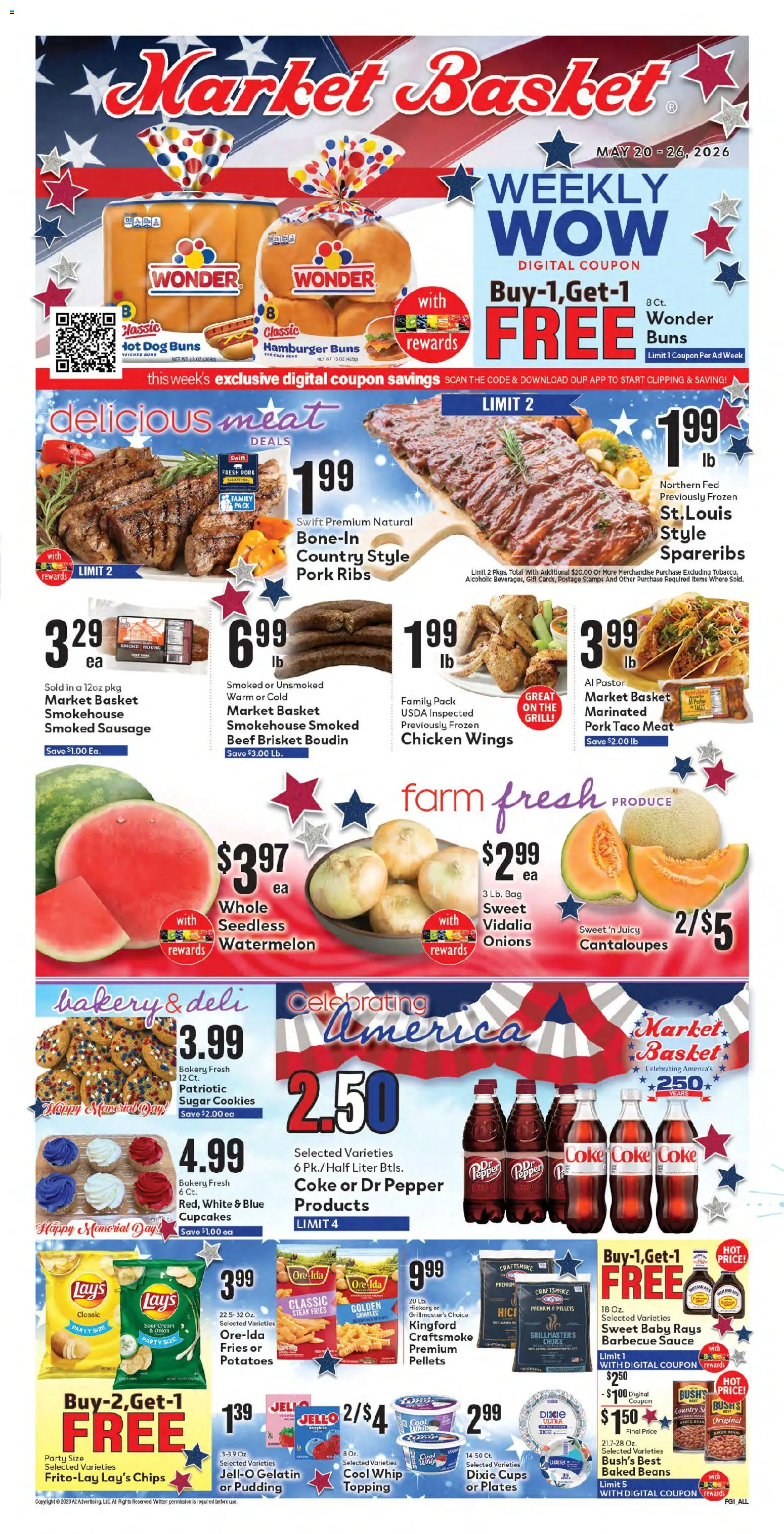 Market Basket Weekly Ad - valid from 20.05.2026 | Page: 3 | Products: Cantaloupes, Potatoes, Watermelon, Bag