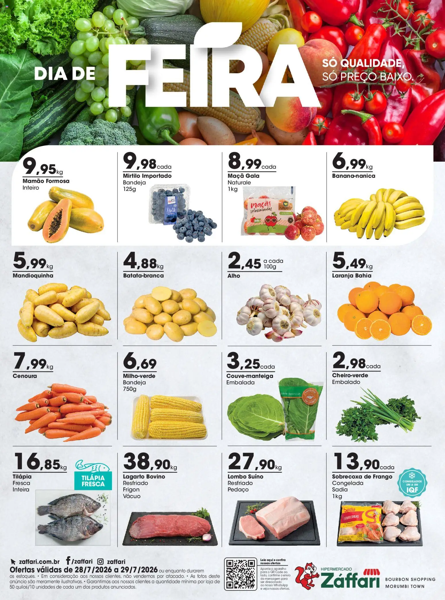 Zaffari Folheto - válido de 28/07/2026 | Página: 1 | Produtos: Mirtilo, Alho, Bandeja, Mamão