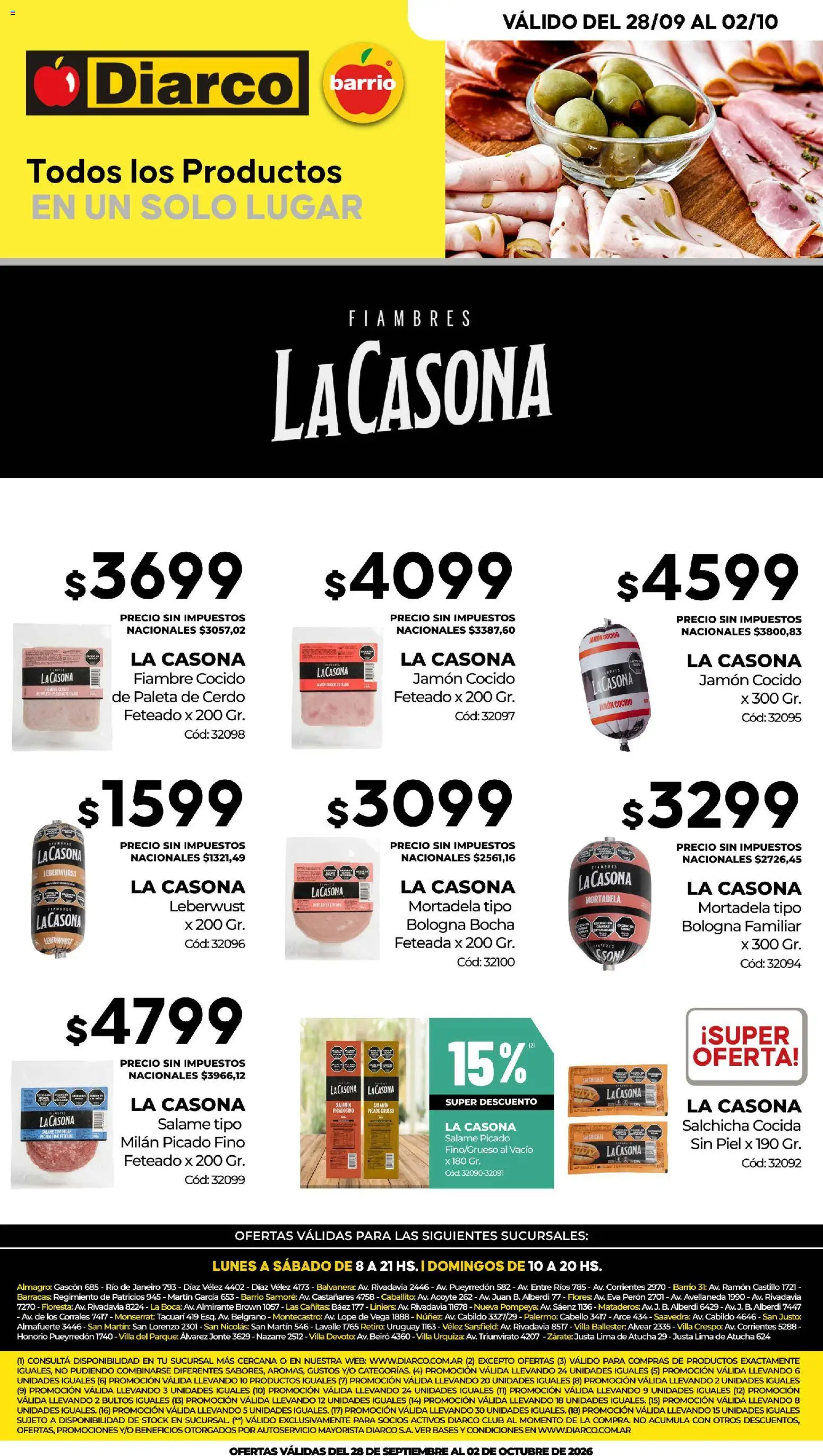 Diarco - Especial Sodecar │ válido desde el 28/09/2026 | Página: 1 | Productos: Flores, Salchicha, Lima, Salame