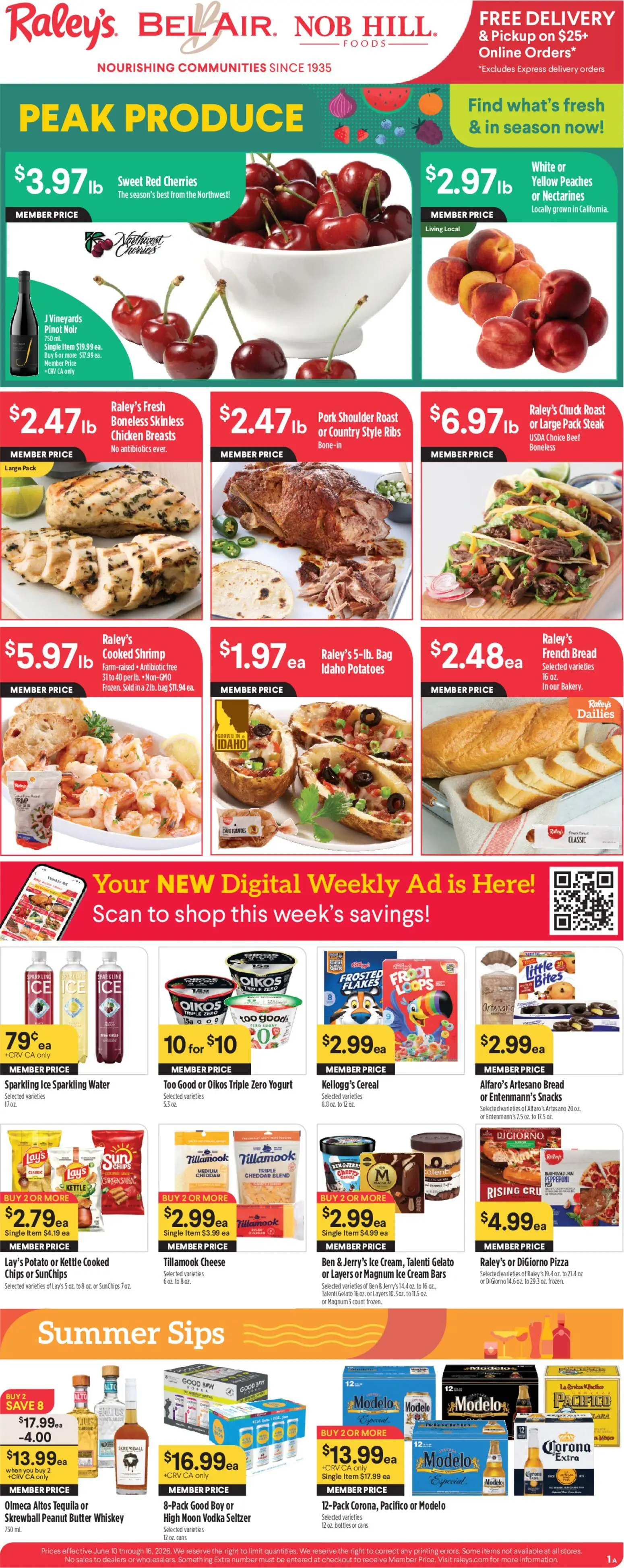 Raley's Weekly Ad - valid from 10.06.2026 | Page: 1 | Products: Pizza, Pork, Chips, Potatoes