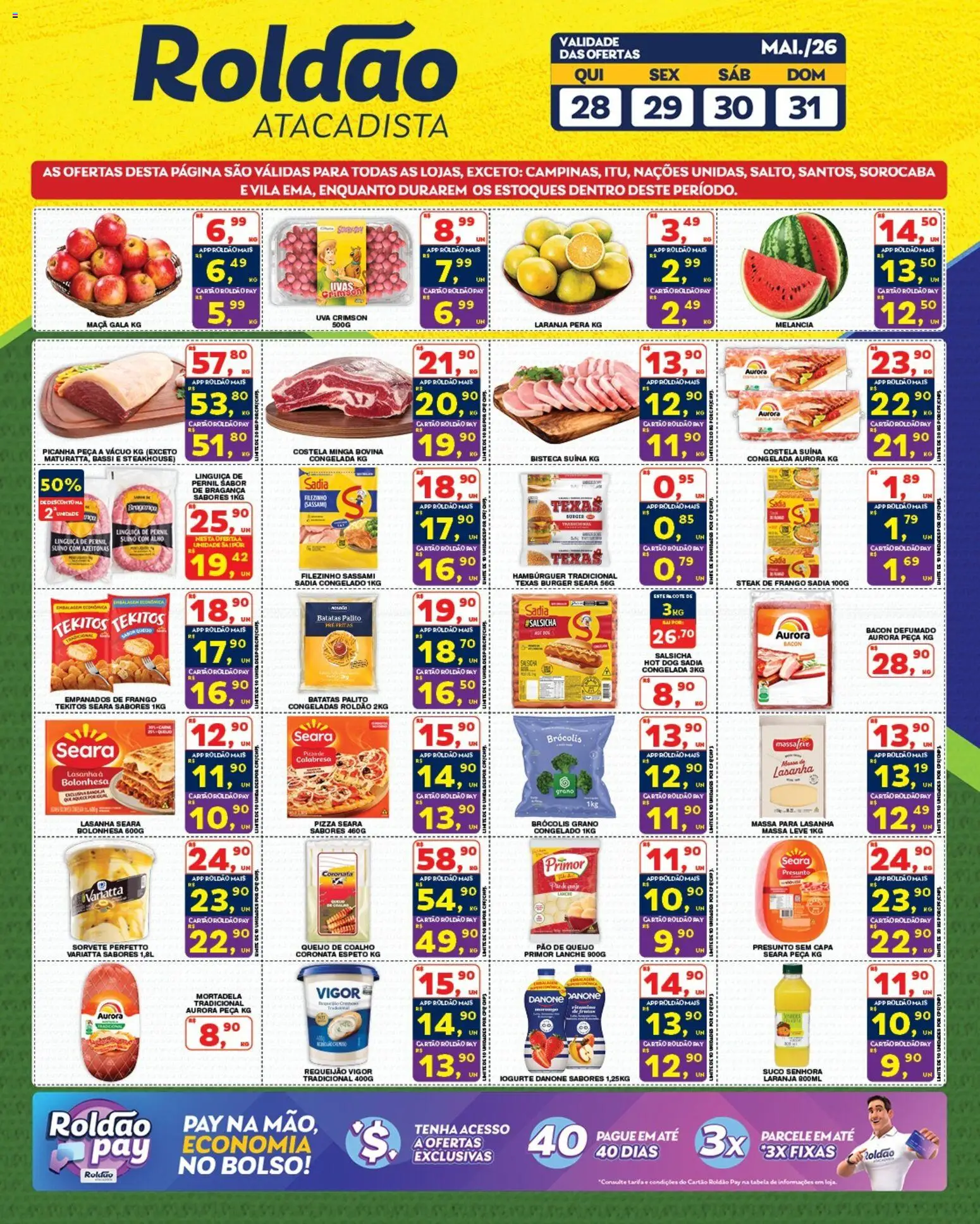 Roldão Folheto - válido de 28.05.2026 | Página: 2 | Produtos: Salsicha, Leite, Pão, Pizza