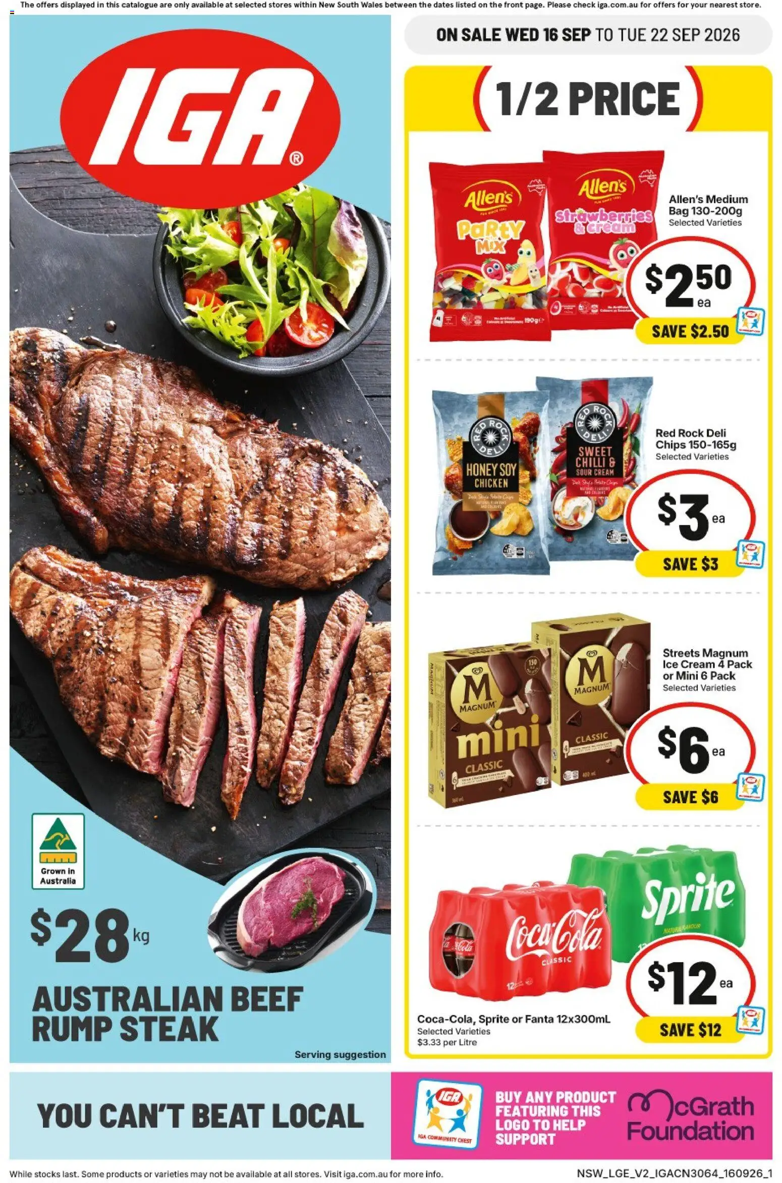 IGA catalogue - valid from 16/09/2026 | Page: 1 | Products: Honey, Steak, Sprite, Rump steak