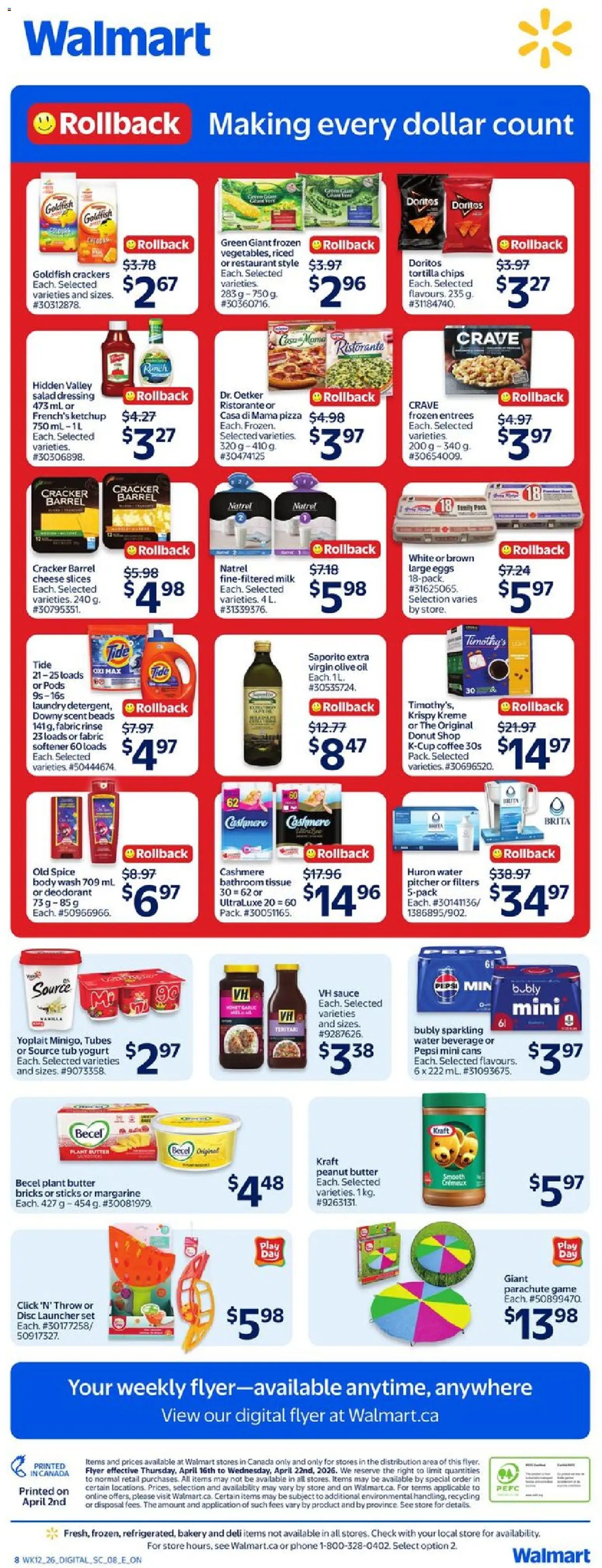 Walmart flyer valid from 16.04.2026 | Page: 2 | Products: Bakery, Deodorant, Fabric softener, Cheese