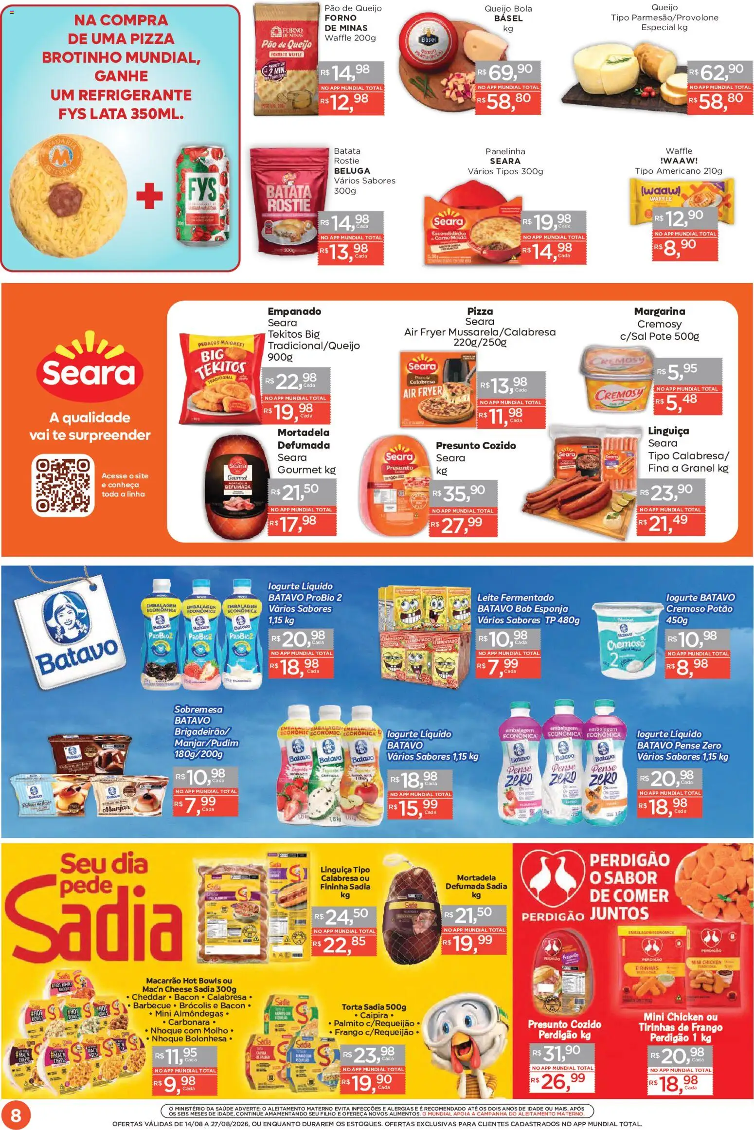 Mundial Folheto - válido de 14/08/2026 | Página: 8 | Produtos: Queijo, Bacon, Leite fermentado, Margarina