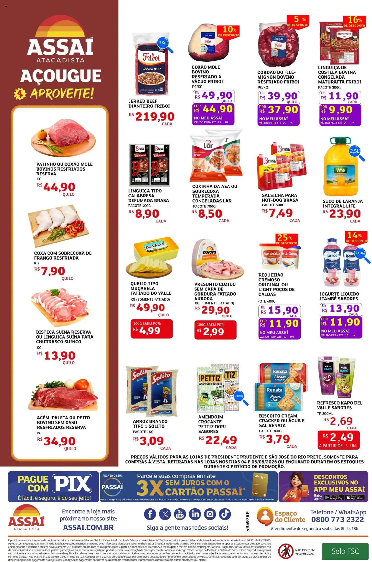 Assaí Atacadista Folheto - válido de 04/08/2026 | Página: 2 | Produtos: Linguiça, Queijo, Suco, Telefone