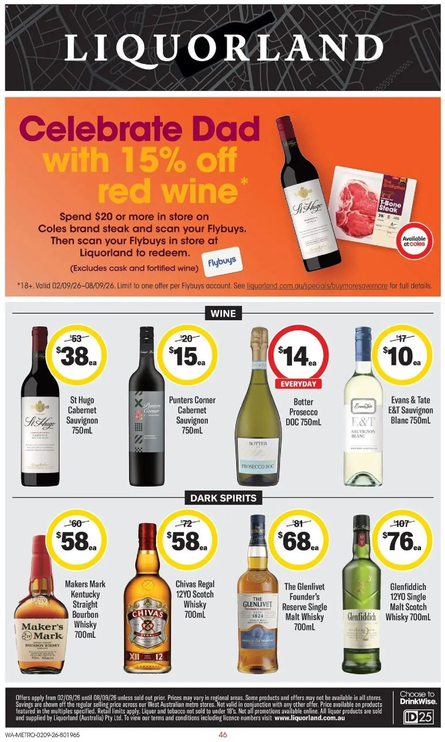 Coles catalogue - valid from 02/09/2026 | Page: 46 | Products: Scotch whisky, Bourbon, Steak, Red wine