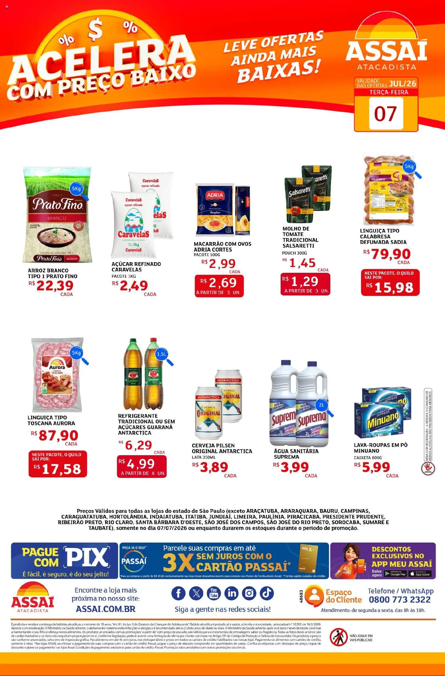 Assaí Atacadista Folheto - válido de 07/07/2026 | Página: 1 | Produtos: Cerveja, Bebida, Açúcar, Telefone