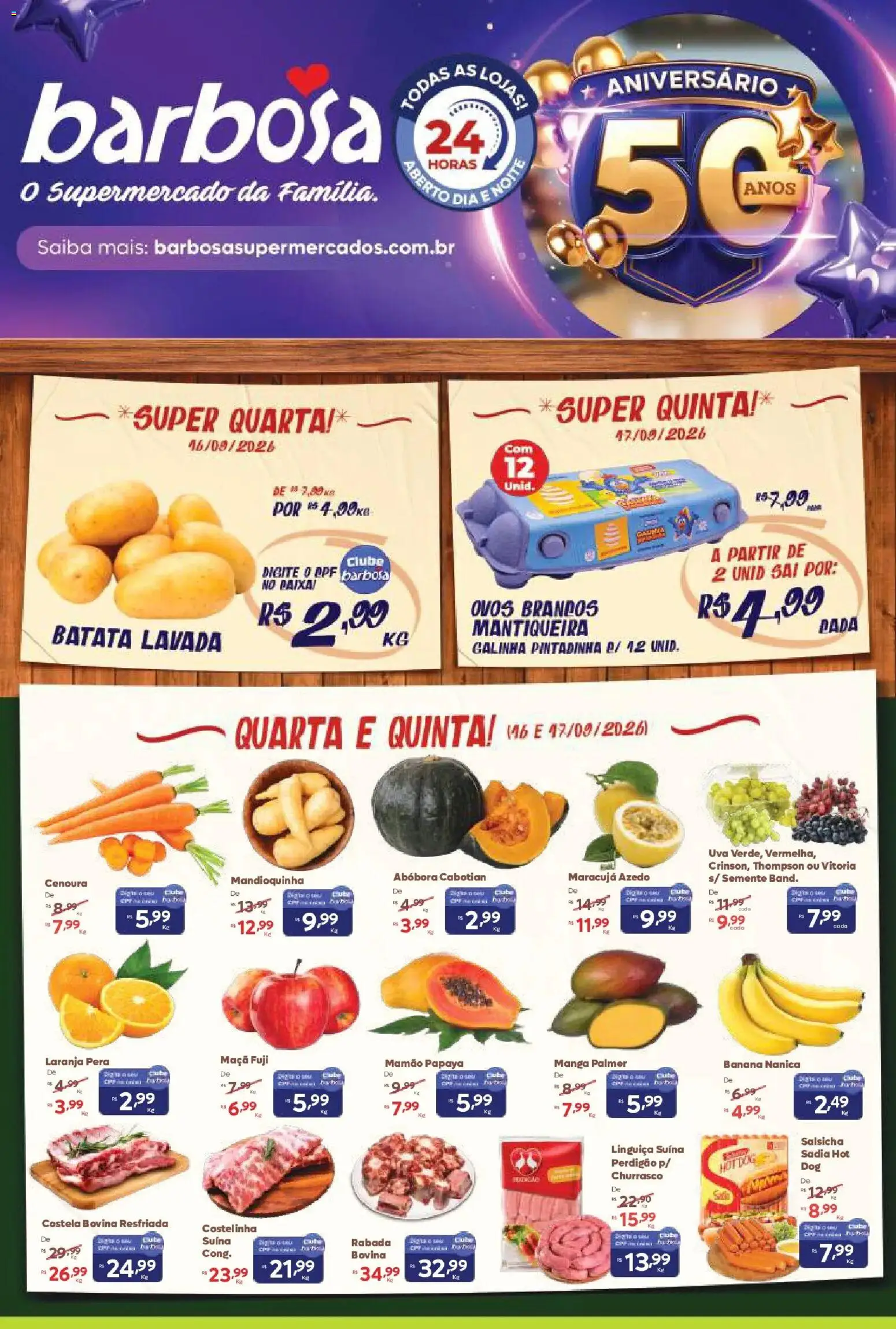 Barbosa Supermercados Folheto - válido de 16/09/2026 | Página: 1 | Produtos: Pera, Mandioquinha, Uva, Costela bovina