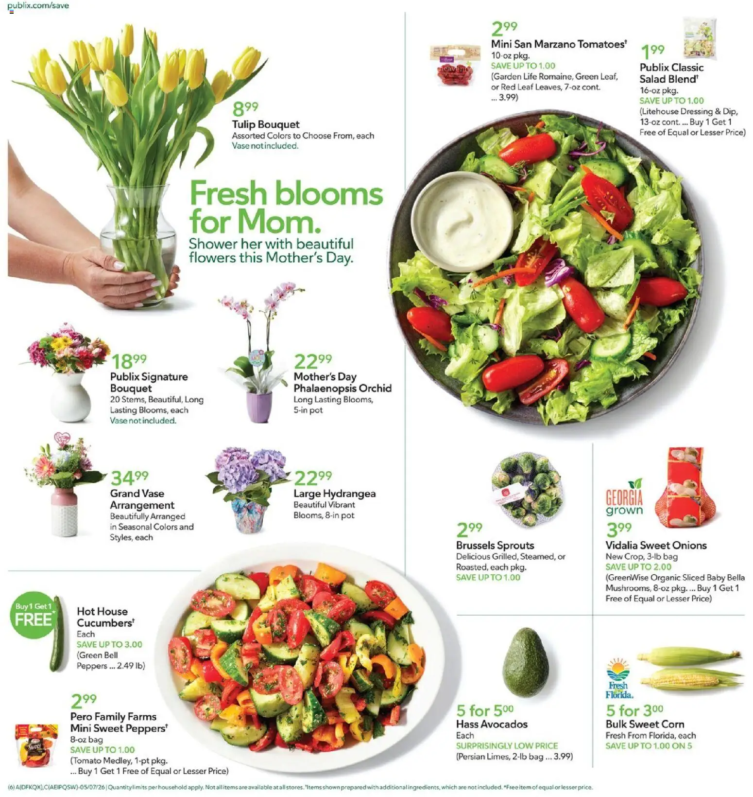 Publix Weekly Ad - valid from 06.05.2026 | Page: 6 | Products: Corn, Peppers, Brussels Sprouts, Vase