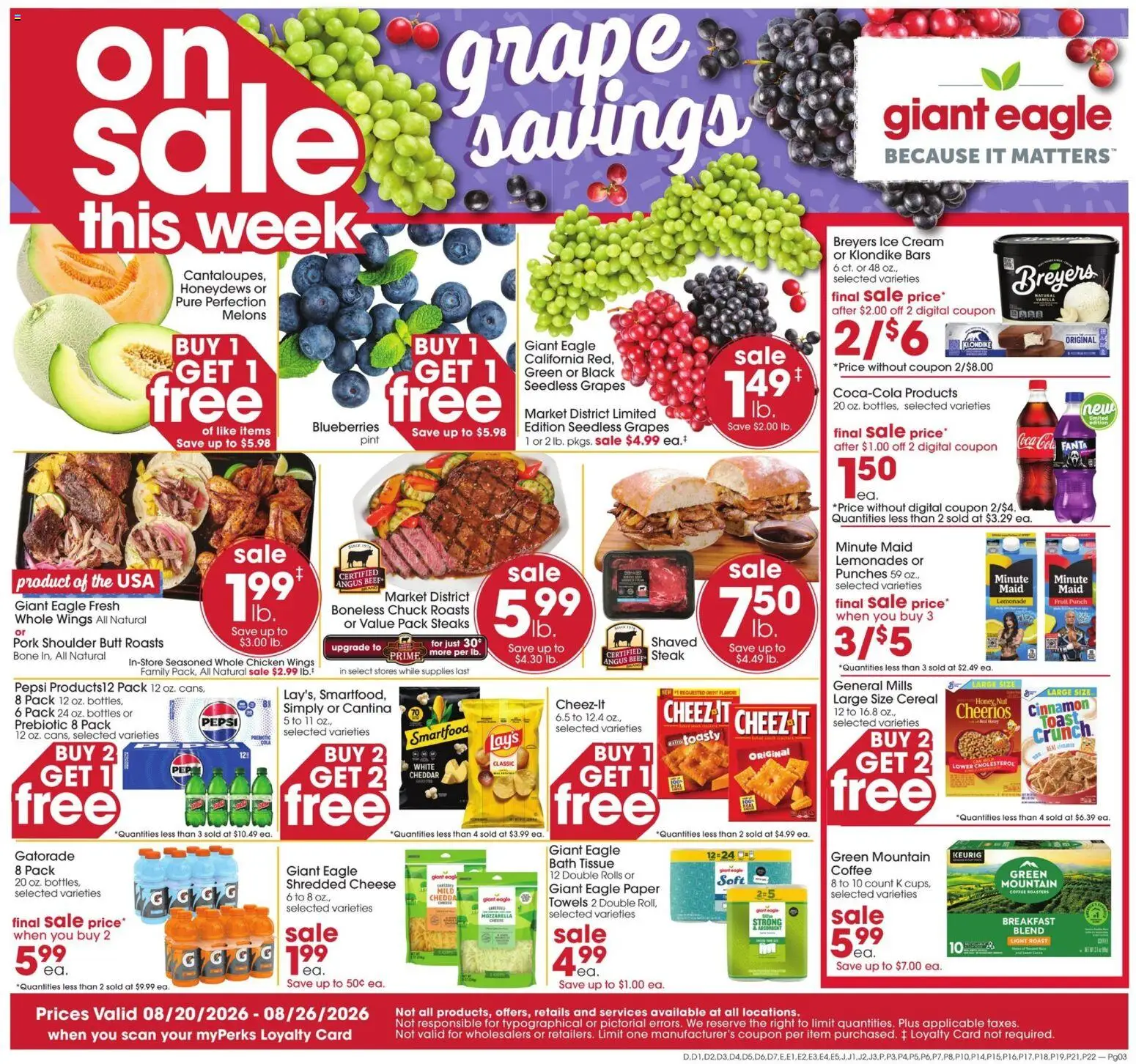 Giant Eagle Weekly Ad - valid from 08/20/2026 | Page: 1 | Products: Cheese, Beef, Lemonade, Pepsi